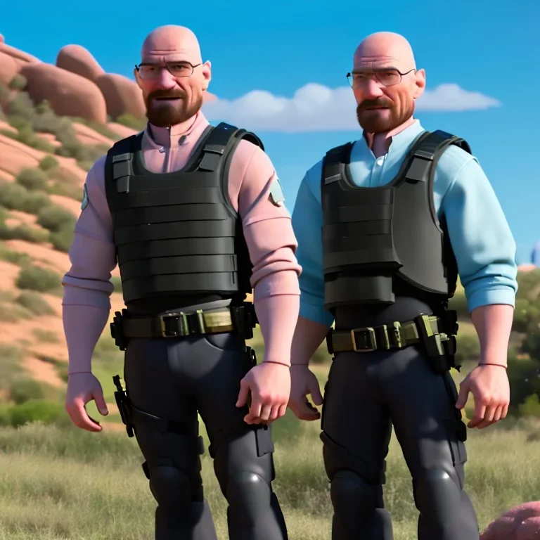 Walter White cyborg, 8k, tactical vest, helmet. gun