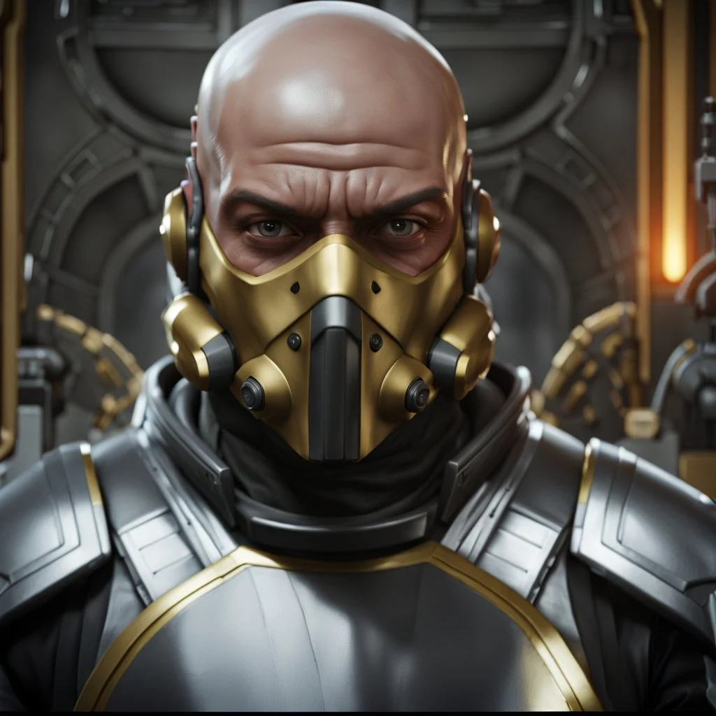 star wars bald male corellian pilot wearing pearlescent black and gunmetal grey First Order special forces heavy assault stealth commando armor and helmet with gold and red trim inside the jedi temple, hyperdetailed, dynamic lighting, hyperdetailed background, 8k resolution, volumetric lighting, light skin, fully symmetric details