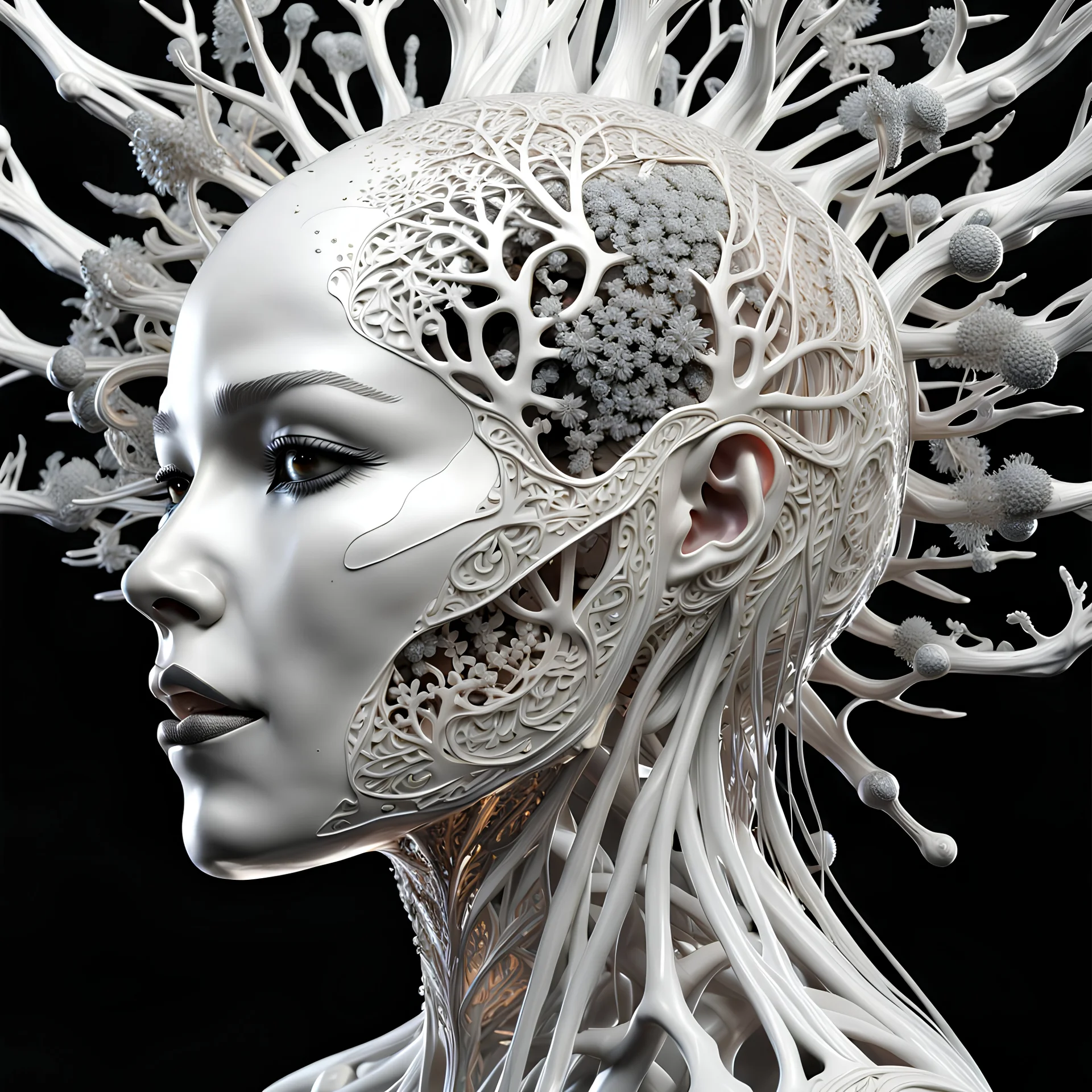 3D rendering of Expressively detailed and intricate of a hyperrealistic “white human vuscular”: glossy white, showing vuscular, side view, scientific, single object, black background, shamanism, octane render, 8k post-production, detailled metalic bones, dendritic, artstation: award-winning: professional portrait: atmospheric: commanding: fantastical: clarity: 16k: ultra quality: striking: brilliance: stunning colors: amazing depth