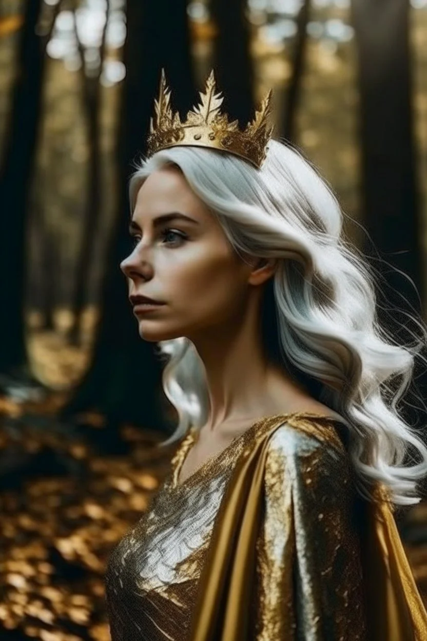 Woman queen gold silver hair nature forest