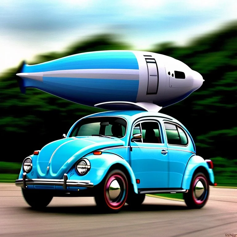 blimp vw-beetle hybrid, retrofuturistic, phototrealism, in flight, one subject,