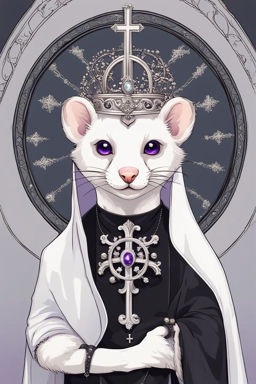 (anthropomorphic white ferret),dressed in ((cleric fantasy)) black clothes with silver holy ornaments, realistic anatomy, holy symbols around, serious face, hold holy cross symbol, tired face, in the style of LOISH, look at the vivewer, cute face, fantasy inspire, fantasy church on background with sunshine, gloomy atmosphere, high angle shot, purple armband, The holy icon style