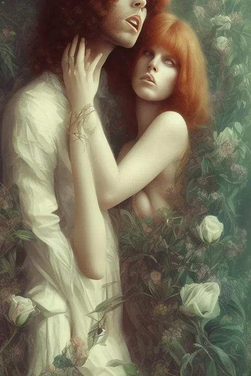 Jim Morrison and Pamela Courson ,music, NSFW, watermark, bohemian style , blurry,opaque ,beautiful faces,elegant,roses, art by anna dittman