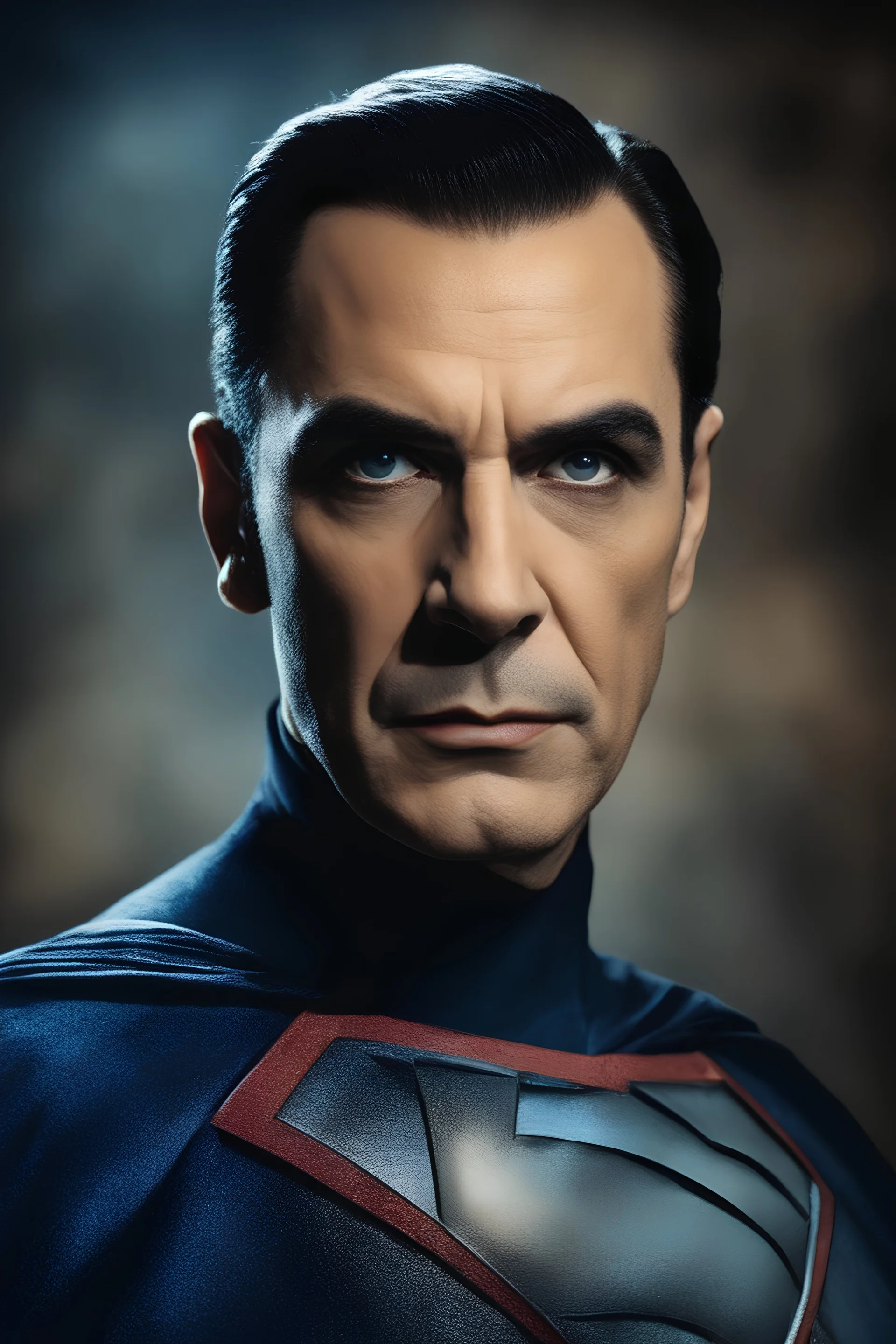 Bela Lugosi as Count Vamperini Superman - Blue eyes - full color - 32k, UHD, 1080p, 8 x 10, glossy professional quality digital photograph - dark foggy gradated background, historic, powerful, octane rendering, exquisite detail, 30 - megapixel, 4k, 85 - mm - lens, sharp - focus, intricately - detailed, long exposure time, f8, ISO 100, shutter - speed 1125, diffuse - back - lighting, ((skin details, high detailed skin texture)),