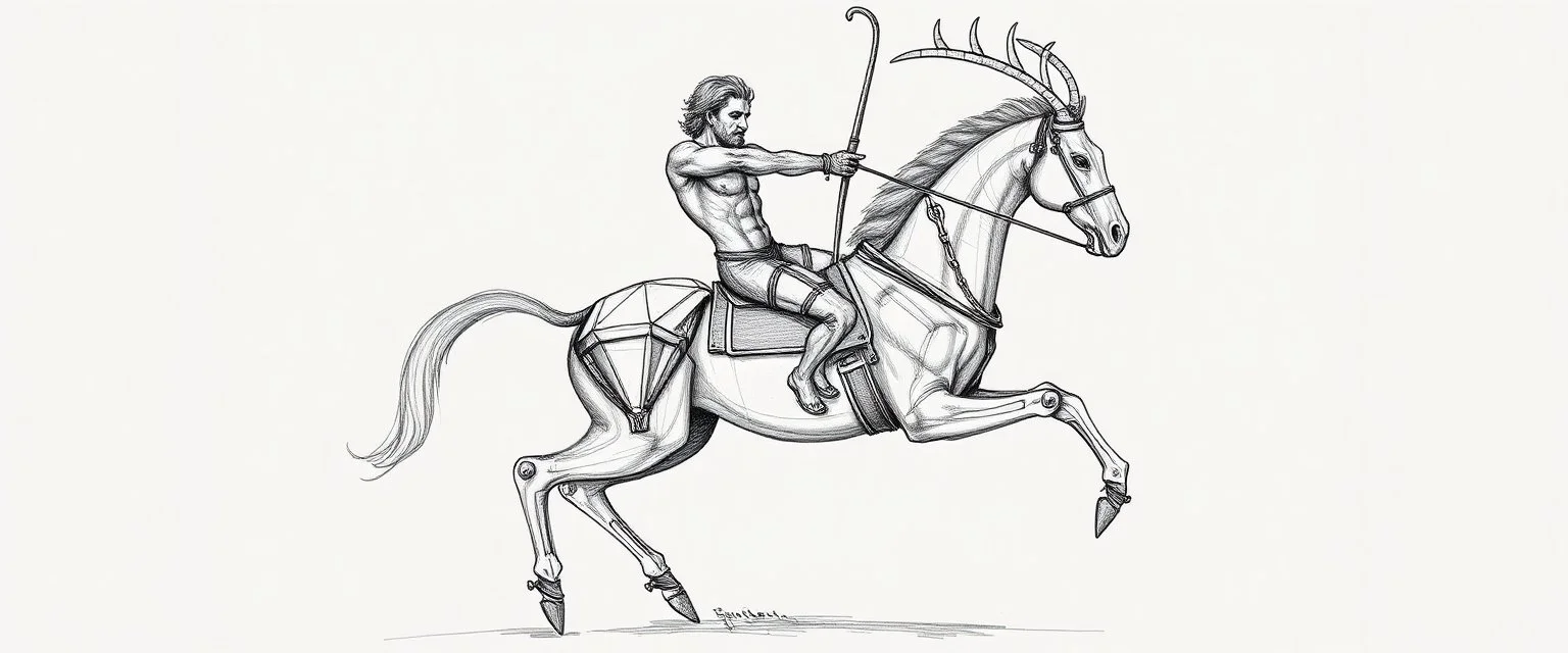 centaur bow man drawing, robotic limbs, drawn by rembrandt