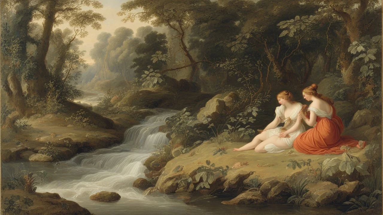 Nymphs sitting next to a stream, in a woodland clearing