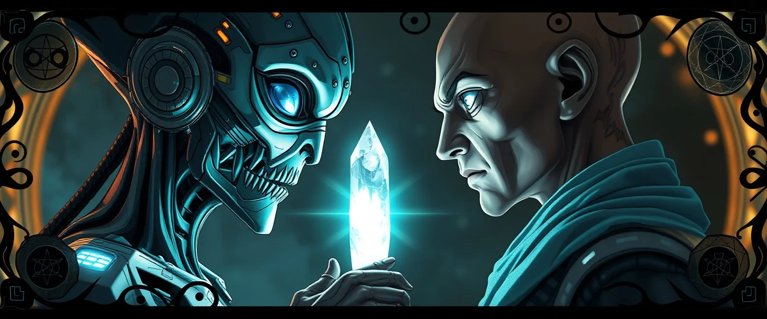Close-up confrontation between an ancient alien outcast leader synth and a space broker, standing only a meter apart, intense eye contact, glowing crystalline rod between them, anger mixed with sadness, dramatic facial expressions, shallow depth of field, cinematic lighting, stylized 3D anime, airbrush painting, crisp outlines, escher , rembrandt , black swirly border with sacred geometry, characters drawn in front of border