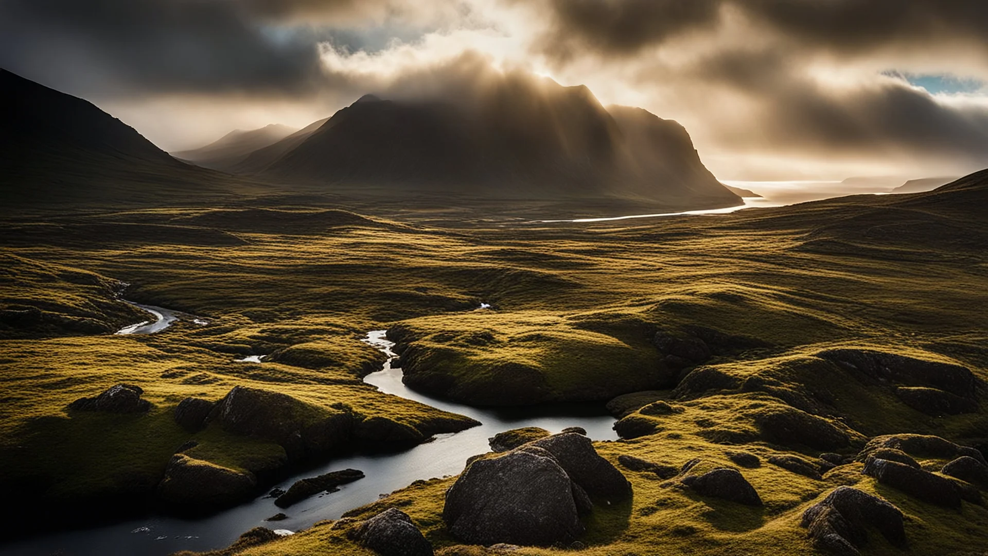 Mountainous landscape on Kerguelen, dramatic sunlight, chiaroscuro, beautiful composition, award-winning photograph