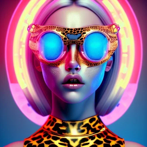 read head woman teenager, few freckles, gold teeth, leopard coat, purpurin, retro futuristic, latex dress, gradient color, BLUE, PINK, CYAN, neon, insanely detailed, 16k resolution, perfect eyes, cinematic smooth, intricate detail