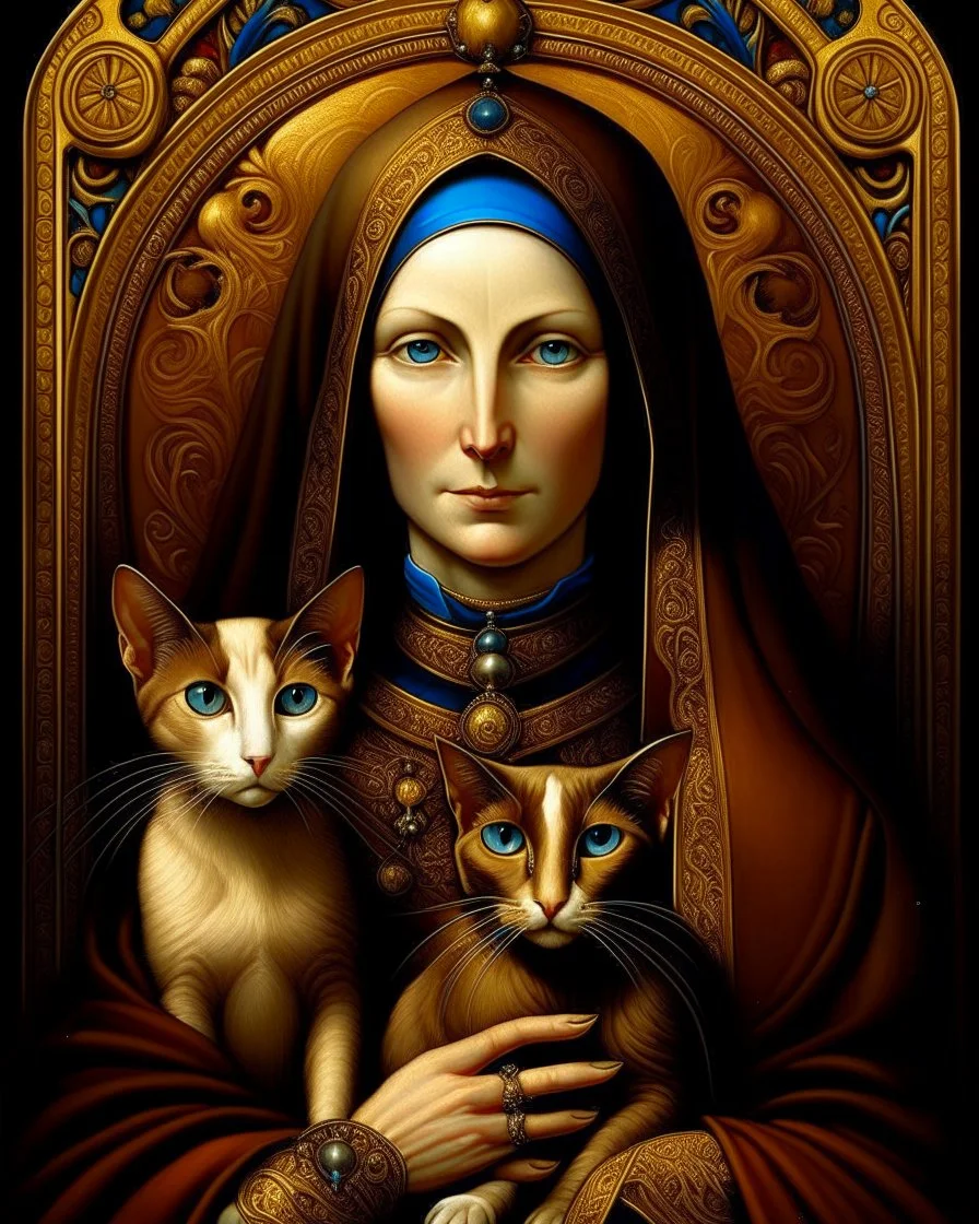 hauntingly illuminated medieval portrait of Saint Gertrude of Nivelles, her serene yet commanding presence radiating from the gilded frame as if stepping through time. Dressed in flowing 7th-century abbess robes of deep burgundy and gold, she cradles two sinuous Oriental Shorthair chocolate point Siamese cats like sacred relics—their piercing blue eyes glowing like sapphires against velvety sepia fur, their angular faces turned toward her with feline reverence. One paw rests on her embroidered s