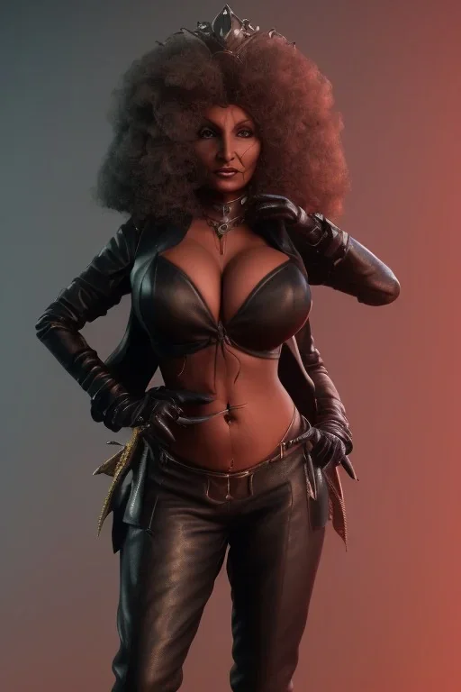 Pam Grier as evil queen in black leather, leather, busty, cleavage, angry, stern look. character design by cory loftis, fenghua zhong, ryohei hase, ismail inceoglu and ruan jia. unreal engine 5, artistic lighting, highly detailed, photorealistic, fantasy