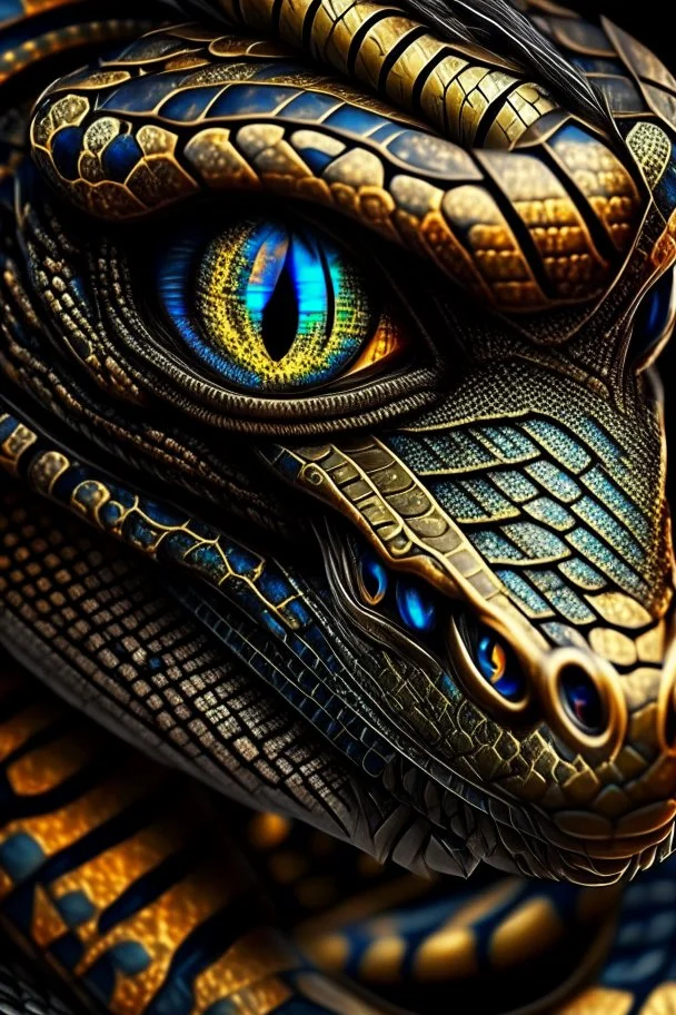 Close up of a Cobra snake ready to strike, head in a flat striking position. Abstract, Stunning and frightening pattern on forehead with staring eyes. Style of steampunk, chaos80, realistic and high quality