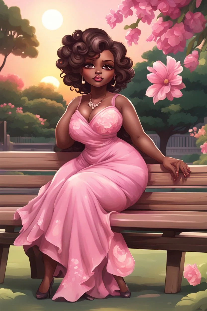 A curvy chibi cartoon black woman sitting on a park bench, facing the sunset. She has brown eyes accentuated by dramatic makeup. Her brown hair is done up in an elaborate curled twist. She sits slightly angled, wearing a flowing pink maxi dress with tropical flowers that seems to flutter in the gentle breeze.