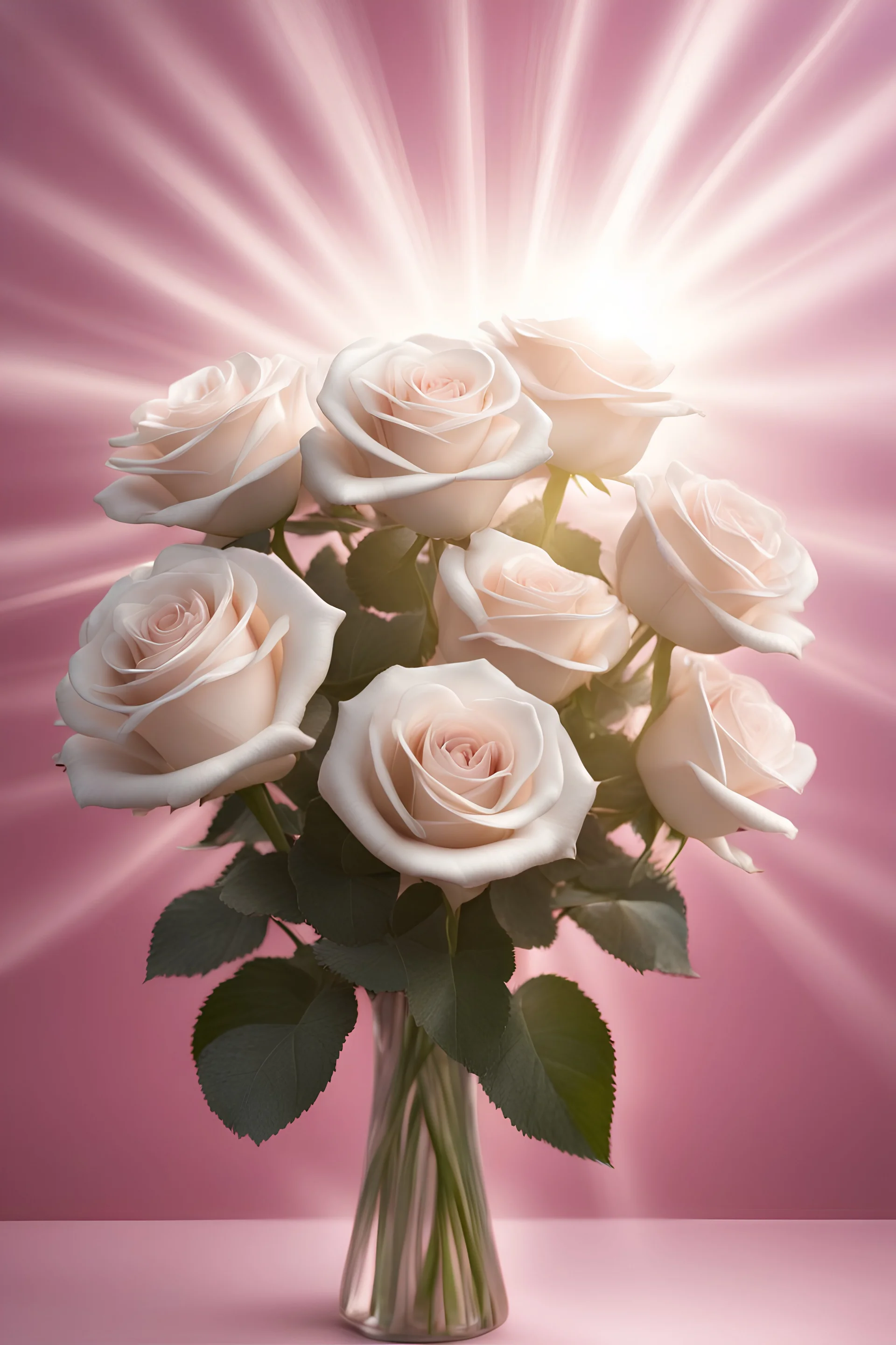 bouquet di rose bianche perlate con raggi di luce attorno e sfondo rosa