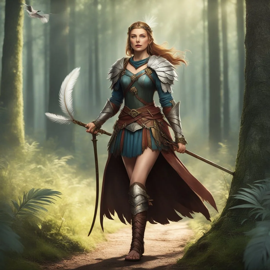 [medieval warrior style] she wears a full Mamselle outfit, with leather sandals. She holds a long staff with loose feathers on its top, she walks in the forest