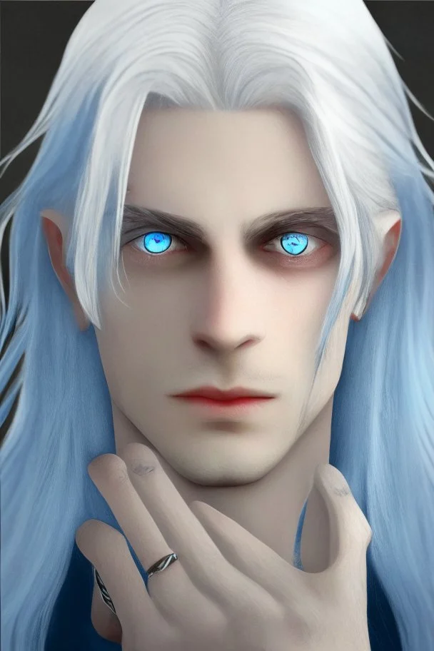 Realistic young man, long white hair covering one eye, blue eye, has rings on his hand, pale skin, slim bit fit