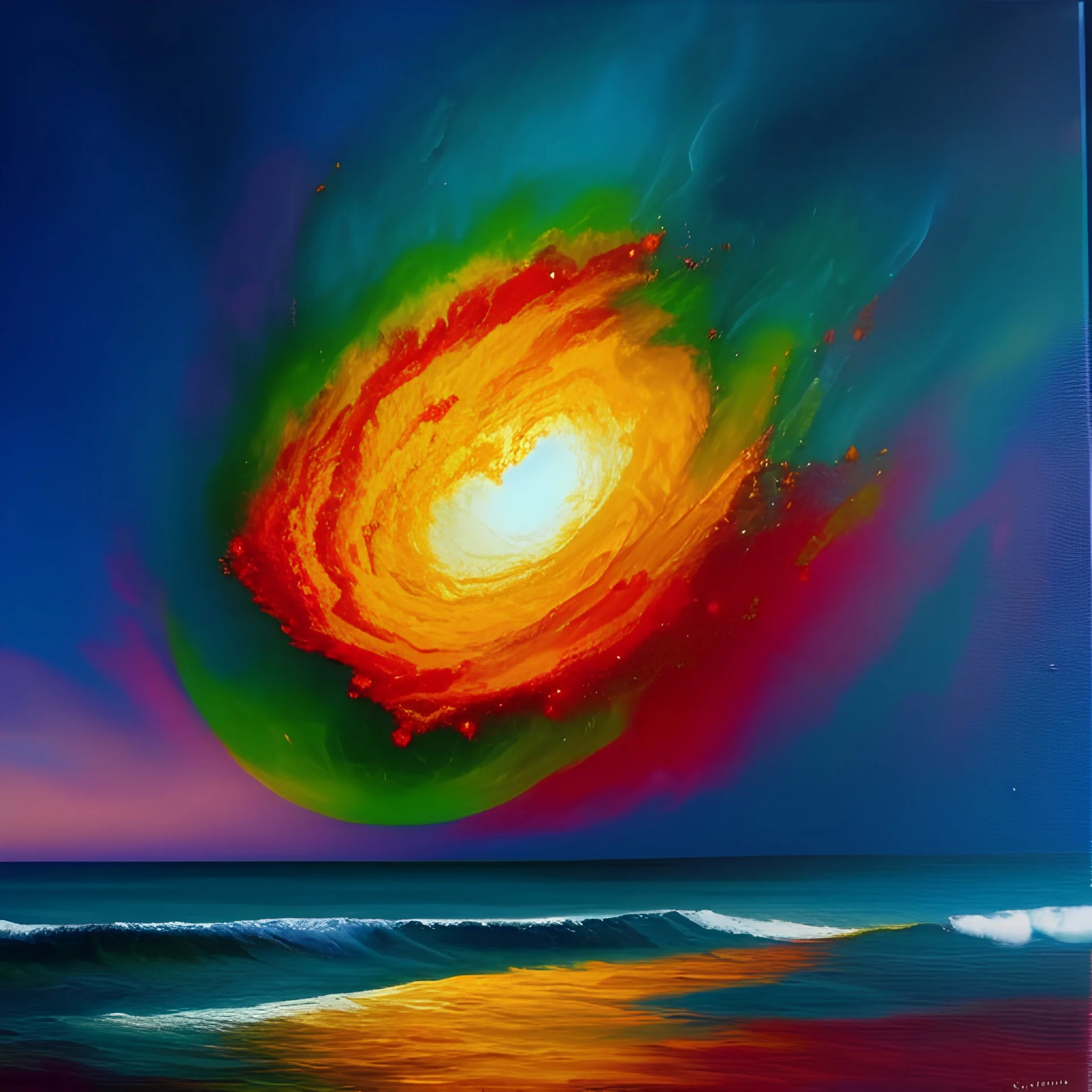 Oil painting with heavy impasto of a atomic caos imploding into itself and emitting x-particles of all colors inside a glass bottle. Storm. The bottle is horizontal, and on a sea shore. Cosmic. realistic. Horizontal bottle.