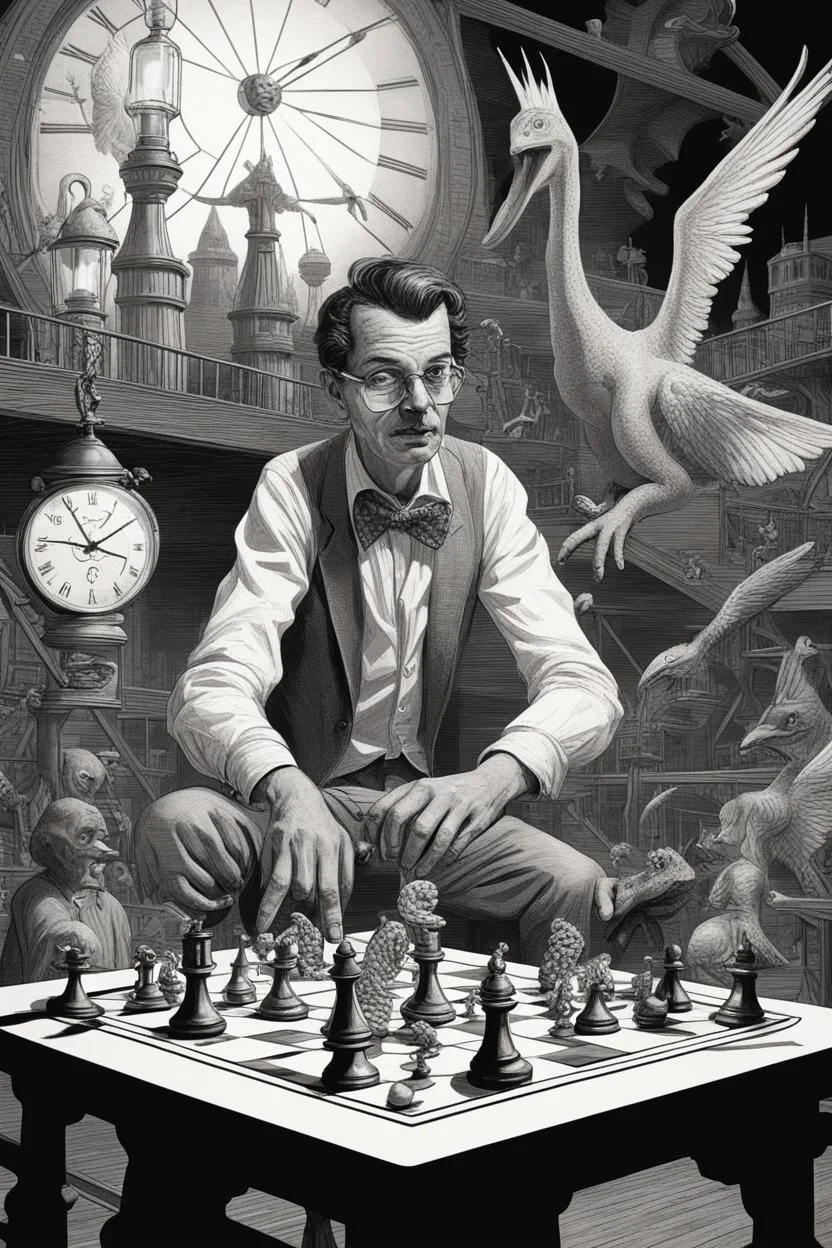 close up on comic news paper journalist horror harlequin playing burning chess geese dinosaur reptiles in very bright light bulb factory on the bridge with twisted ladders with the most a confused look on his face in front of a huge glass prism clock with angels, in the style of Escher and Dali and Cthulhu