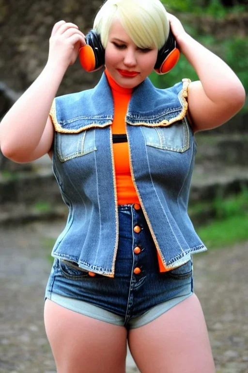 blonde taking selfie.thick thighs,thick calves,flat belly,curvy fell. New kind of bolero is sewed of upcycled Denim, which condescends with integrated bag[SIC]. It is sewed together of camouflage pieces, whose color are all denim colors, orange, cream and purple. Big colored headphones (gold rings!) is merged with small felt cap with small visor. It is with big bright purple felt tippet and birght-colored-hood is merged with colorful beanie. Style: Haute Couture, 1980's Finland, N.Y.C fashion