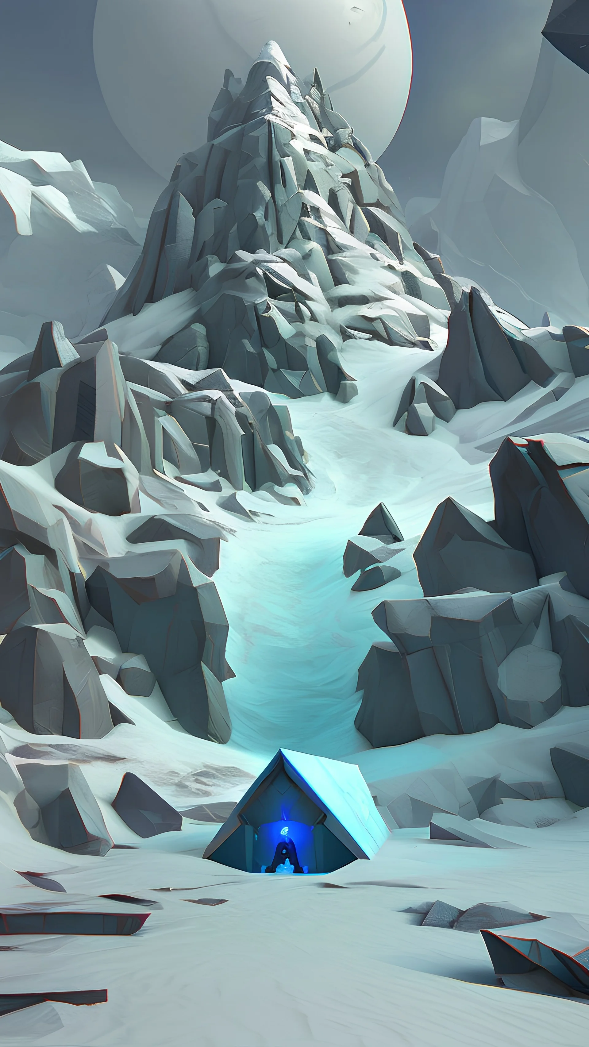 a 3d video-game style liminal space of a mountainous cold region