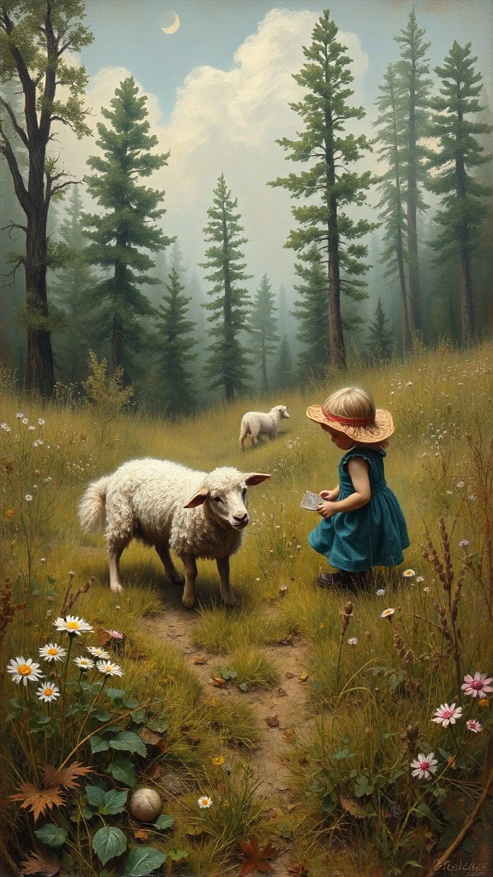 A small boy and girl and dog playing with a sheep a forgotten battlefield overrun by vegetation, cutesy tiktok detailed oil painting, grainy, old style