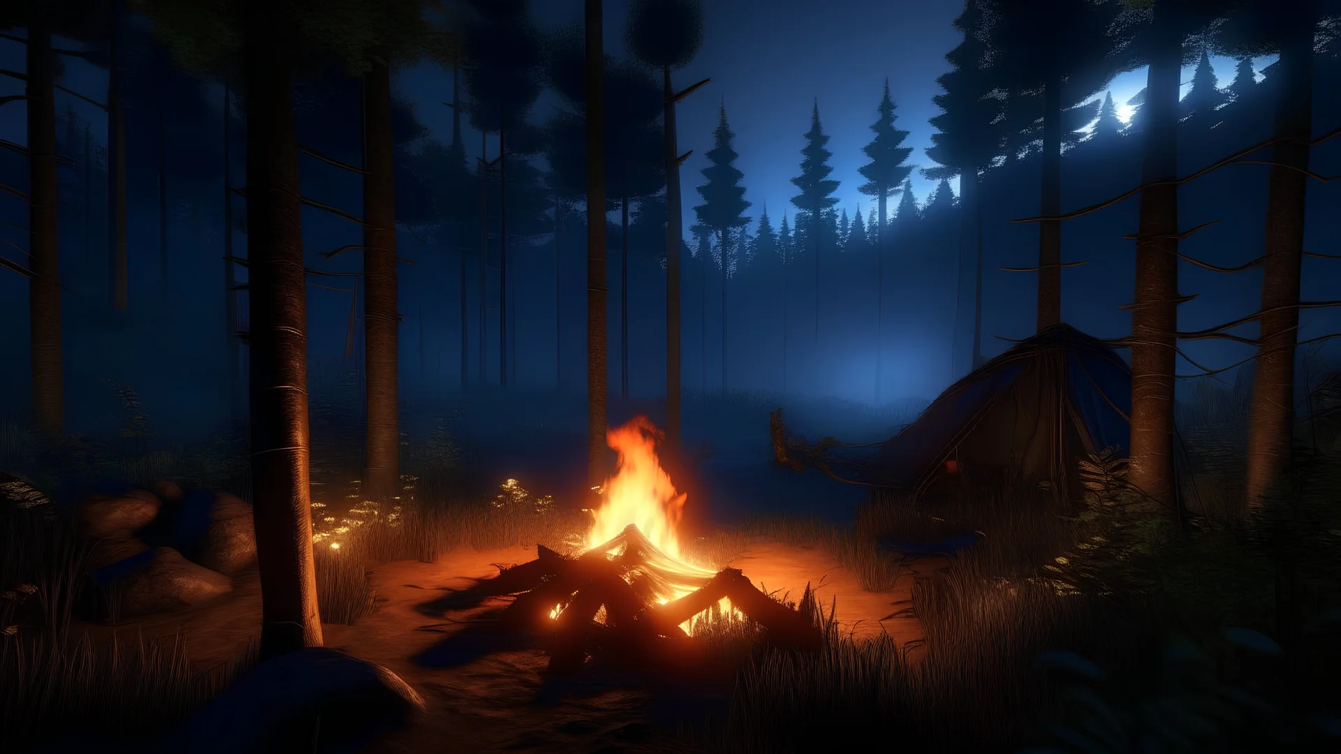 Night forest with bonfire Survival Game in unreal enging