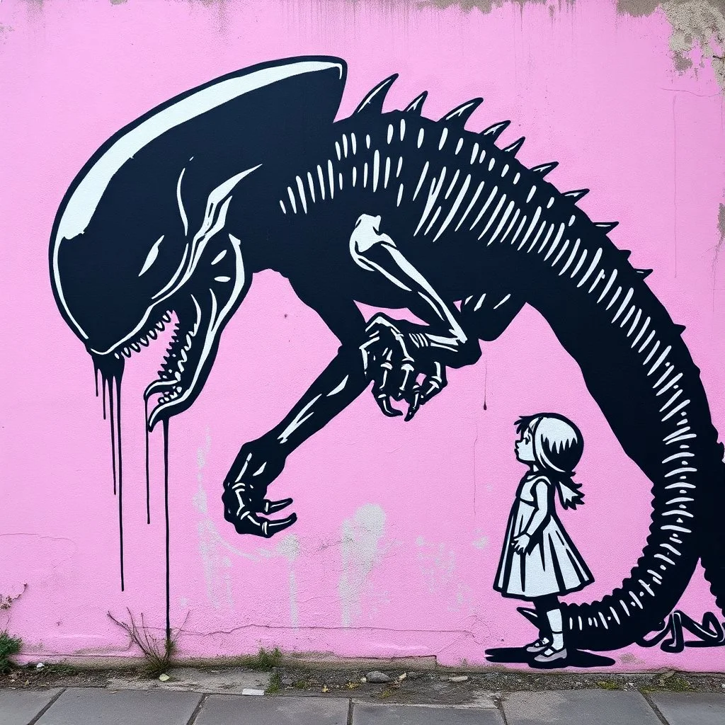 Banksy style graffiti of a xenomorph holding out a head to a little girl, graffiti 2d wall mural, minimalism, pink and black hues