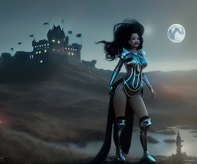 Rita ora, surrealism, knight armor, long curly black hair, choker, castle, moonlight