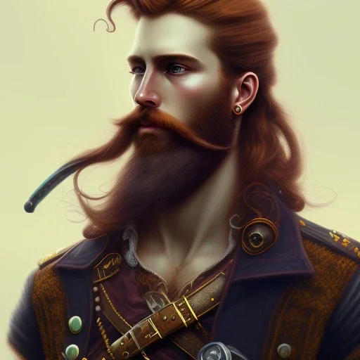 portrait of a rugged steampunk pirate, 3 0 years old, male, handsome, masculine, red hair, long hair, long beard, soft hair, fantasy, intricate, elegant, highly detailed, steampunk, airship, digital painting, artstation, concept art, character art, smooth, sharp focus, illustration, art by artgerm and greg rutkowski and alphonse mucha