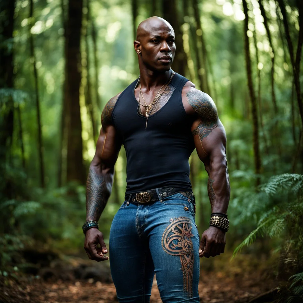 Alimi Ballard Very muscular man bald with tribal tattoos wearing jeans and a teeshirt, fantasy, forest backdrop