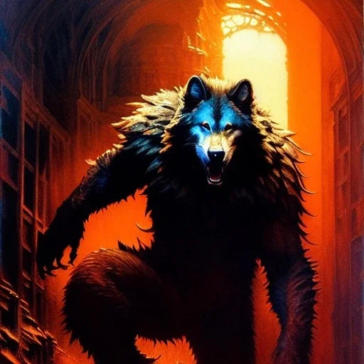 Drawing of 'WereWolf' painting by gaston bussiere, greg rutkowski, yoji shinkawa, yoshitaka amano, tsutomu nihei, donato giancola, tim hildebrandt,KyuYong Eom,Ren Wei Pan Oil on canvas, cinematic composition, extreme detail,fit full head inside picture,16k