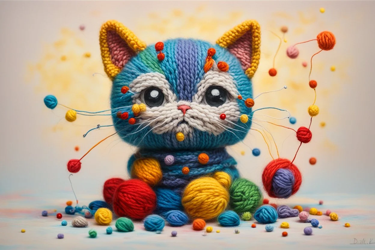 cute chibi knitted cat in colourful, soft cotton yarn balls in sunshine Weight:1 surrealism Salvador Dali matte background melting oil on canvas Weight:0.9