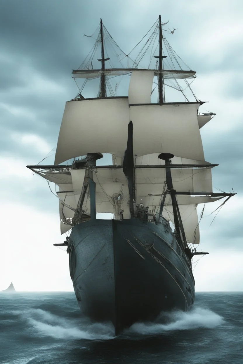 Ship front view with a Spider figurehead at night in a storm with giant waves