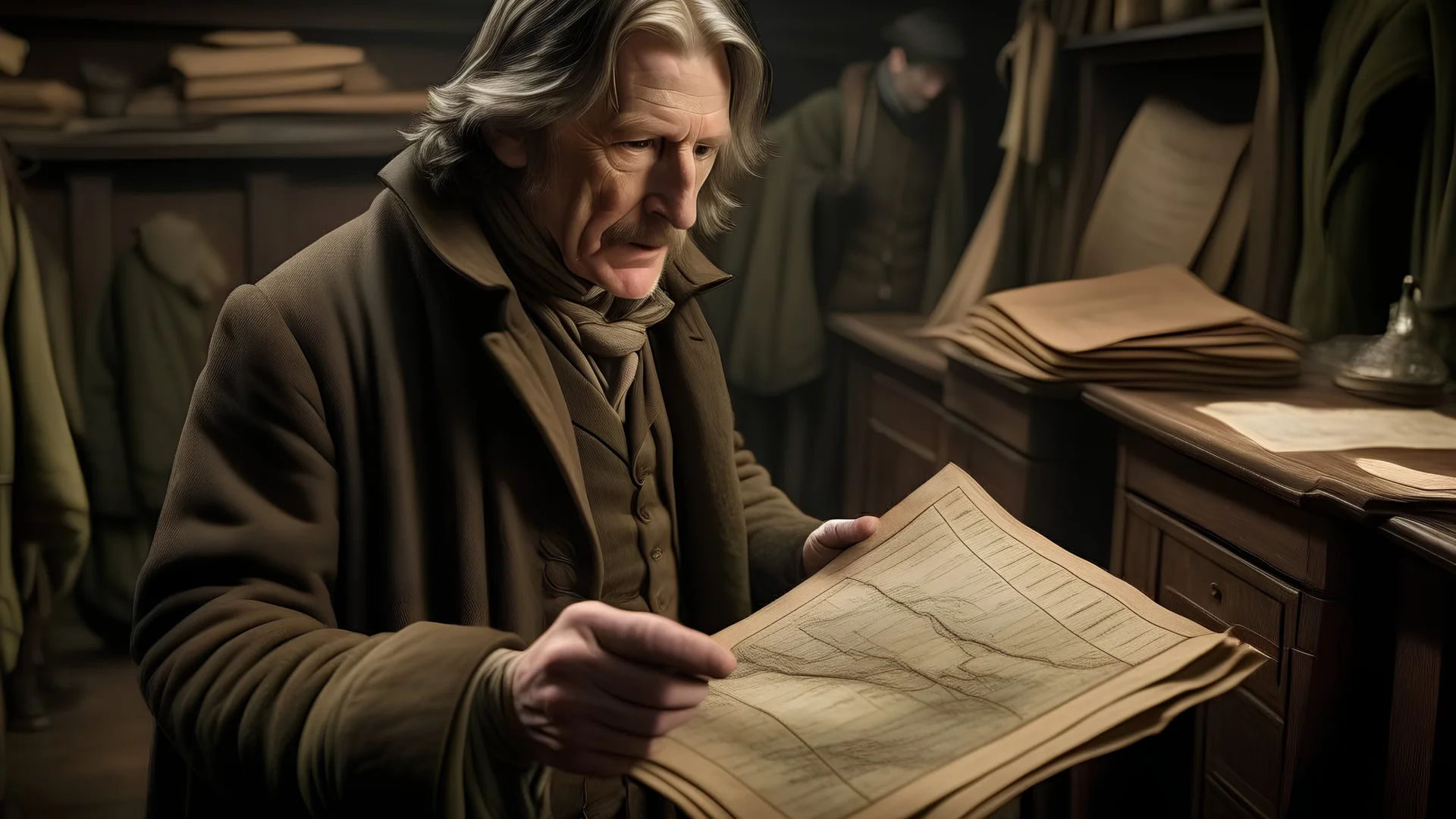 In this chapter full of adventures and challenges, we see John Harrison embark on a brave journey to search for the ingredients to break the terrifying curse that threatens his life and the life of the city. The picture shows John at a crucial moment as he prepares to embark on his dangerous journey. John is shown carrying an old map and an old file containing information about the necessary ingredients. His facial expression reveals a mixture of enthusiasm and reserve, as he realizes the diffi