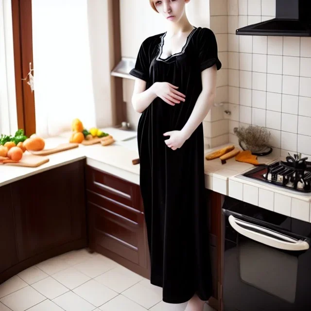 Russian shorthair beautiful 20-years guy boyish boylike wide hips in black girlish nightgown in kitchen