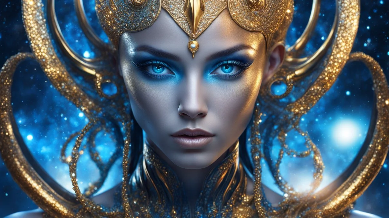 female humanoid, male alien, double exposure, silver skin, slender muscular warrior, tentacles, gold, blue, copper-zinc orichalcum jewelry and piercings, beautiful face, mesmerizing starry eyes, smooth translucent skin, hourglass, glowing, glare, size DD.