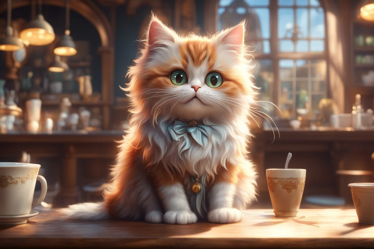 cute fluffy cat in a coffeehouse in sunshine Weight:1 detailed matte painting, deep color, fantastical, intricate detail, splash screen, complementary colors, fantasy concept art, 8k resolution trending on Artstation Unreal Engine 5 Weight:0.9