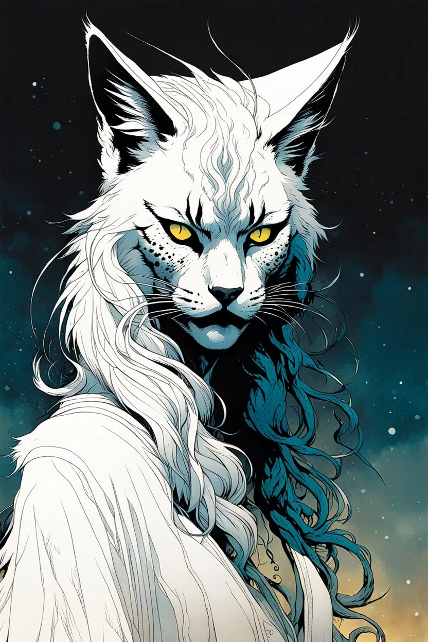 create an ethereal, otherworldly anthropomorphic Lynx woman , in the comic book art style of Mike Mignola, Bill Sienkiewicz, and Jean Giraud Moebius, with highly detailed fur and feminine facial features , finely inked , dramatic natural lighting