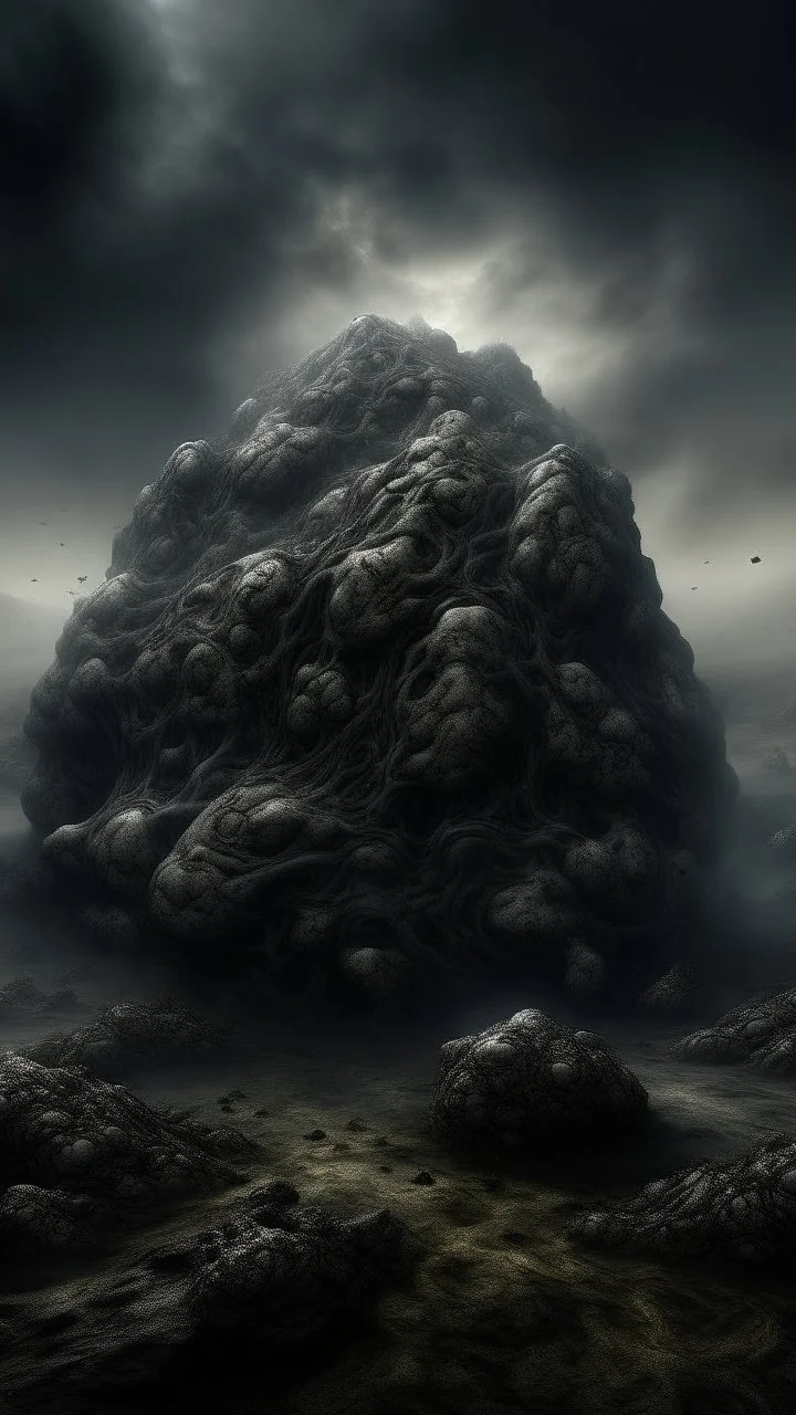 ,surrealism of the dark of a nightmare ten miles high and six foot deep, hyper photorealistic, hyper detailed dark art color, high resolution, fog, octane render, tilt shift, HDRI Environment, all pictures dark gray, a cigar shape stone hovering in the sky