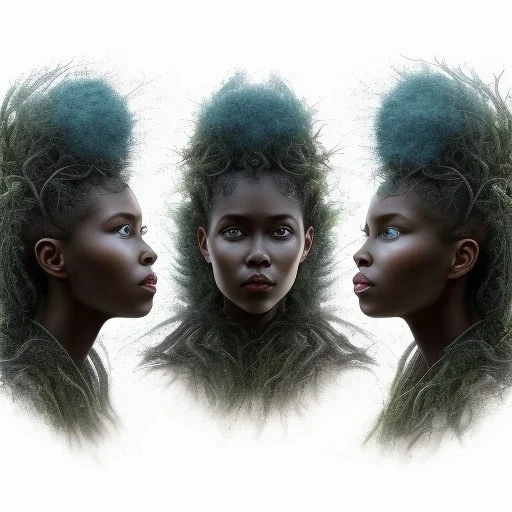 Painting .three women. A mother. Two daughter. Twins. A mother with her children. three young black women. wood nymphs emerging from the forest. Her hair looks like vines. Dreadlocs. Her skin is the colour of dark soil. Her skin looks like tree bark. Her clothing is made of vines, grass and leaves.