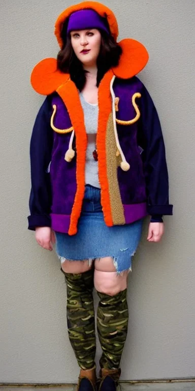 Brunette.thick thighs,thick calves,flat belly,curvy fell. big head. Mantle is sewed of upcycled Denim and sewed together of camouflage pieces. Pieces' color are orange, cream and purple. It is with big bright purple felt tippet and cream-colored-hood. mantle is merged with satchel. . Big AKG-style headphones (gold rings!) is merged with small felt cap with small visor. Style: Haute Couture in 1910's, N.Y.C fashion in 1996, inspired by street art 2023 Paris