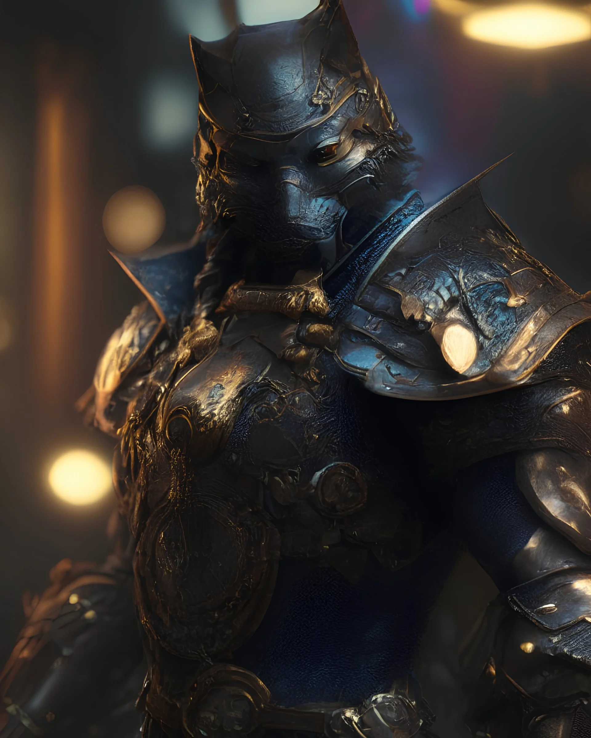 Iconic Kat-Man, steampunk, noir, ultra-detailed armor, stunning portrait, dynamic shot, vivid, richly saturated colors, Full Body, cinematic atmosphere, immersive, global illumination, intricate shadows, reflections, Octane render, hyper-realistic, unparalleled detail, 8K, groundbreaking, epitome of concept art, physically-based rendering, dynamic angles, intricate textures, subsurface scattering, timeless masterpiece, AI-enhanced, GAN, ray-tracing, depth-of-field, neural network, ultra-HD