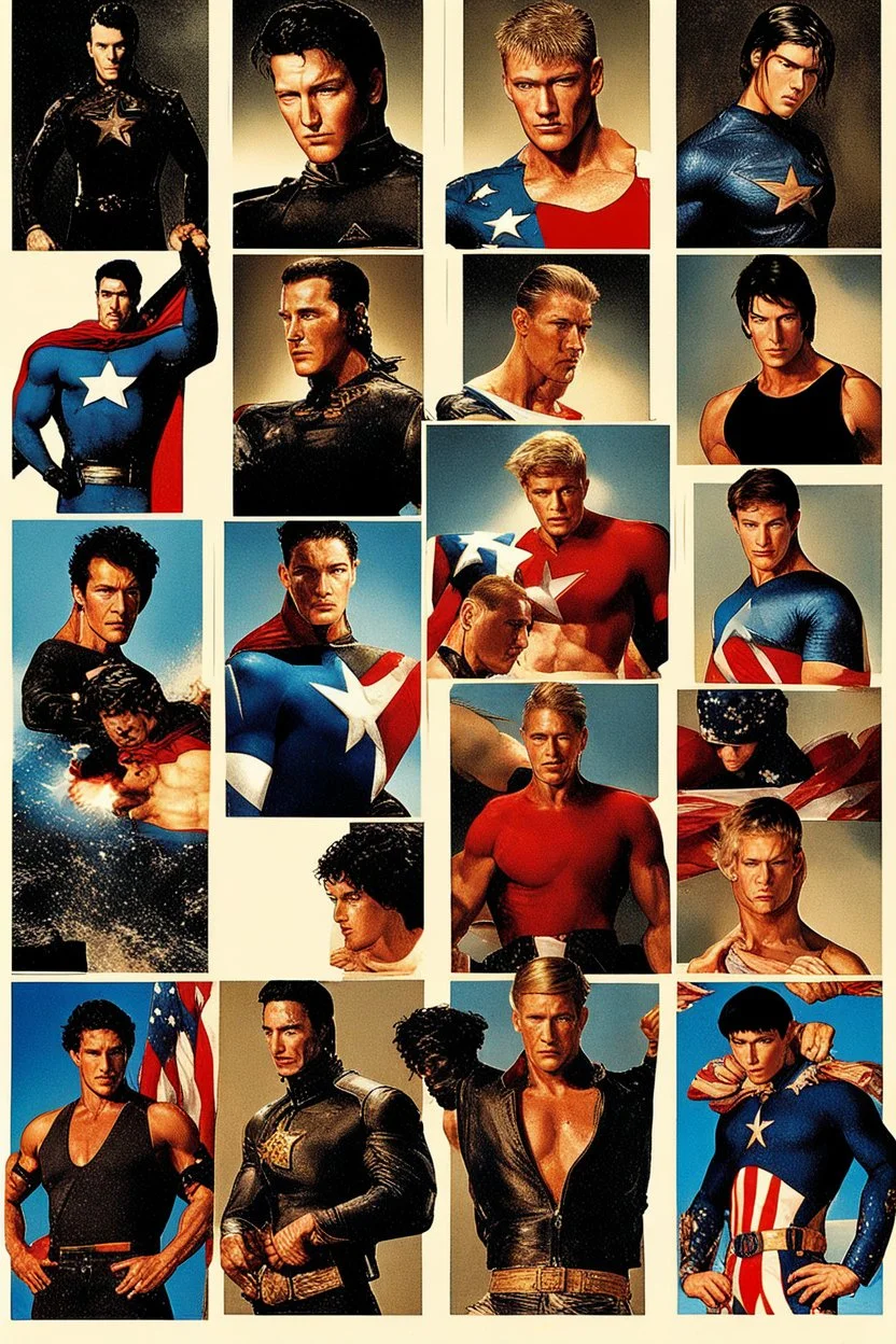 20-year-old, extremely muscular, short, curly, buzz-cut, military-style haircut, pitch black hair, Paul Stanley/Elvis Presley/Keanu Reeves/Pierce Brosnan/Jon Bernthal/Sean Bean/Dolph Lundgren/Patrick Swayze/ hybrid, as the extremely muscular Superhero "SUPERSONIC" in an original patriotic red, white and blue, "Supersonic" suit with an America Flag Cape,