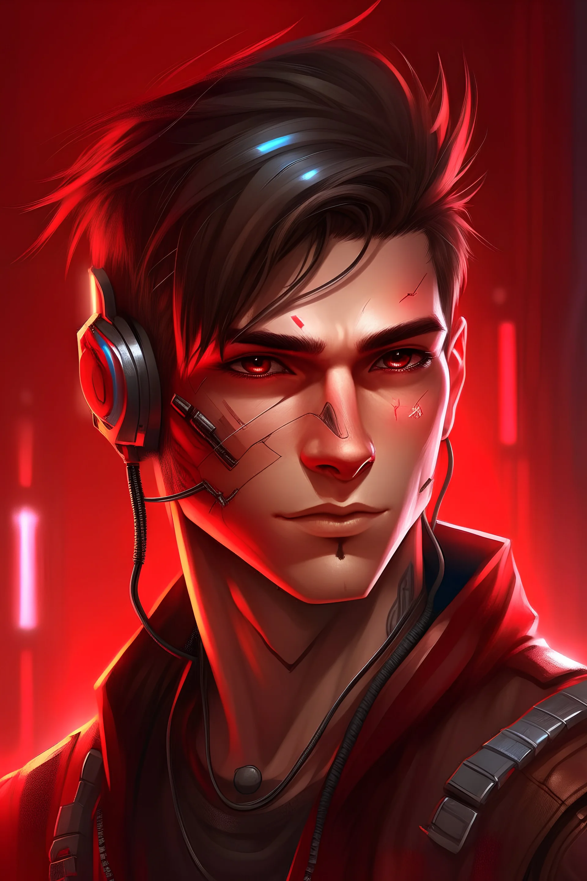 Male Cyberpunk rockerboy portrait, middle aged, [[[[british]]]], short undercut haircut, [[[brown hair with red highlights]]], stubble, red tech background, brown eyes, less tech