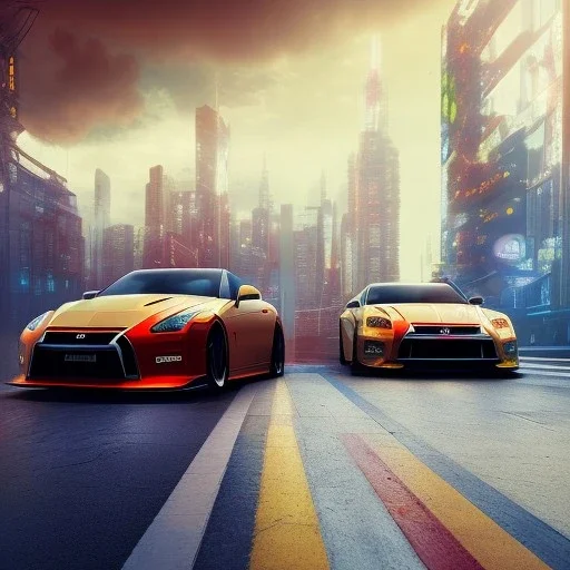 Nissan GT-R, red, orange, yellow, green, blue, purple, masterpiece, expert, 8K, hyperrealism, sharp focus, cinematic lighting, cyberpunk, cityscape