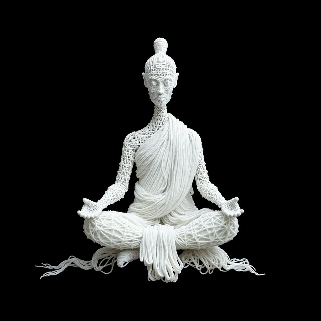 2D yarn art, minimalism, monk in yoga lotus pose made entirely out of white yarn, dark negative space, extreme contrast, concept art, stunning, dramatic, intricate details, reminiscent of the stylized concept art of Ash Thorp, showing the beauty of simplicity