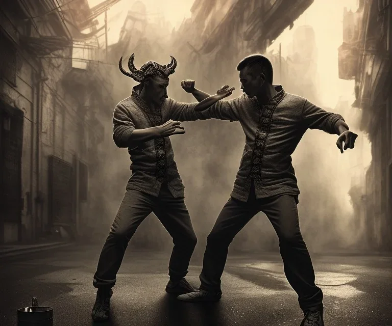 mdjrny-v4 style, twin plain clothed American kung fu artists in a back alley in Los Angeles in a fighting stance, dramatic lighting, epic photo, volumetric lighting, detailed, photo realistic, cinematic, by seb mckinnon