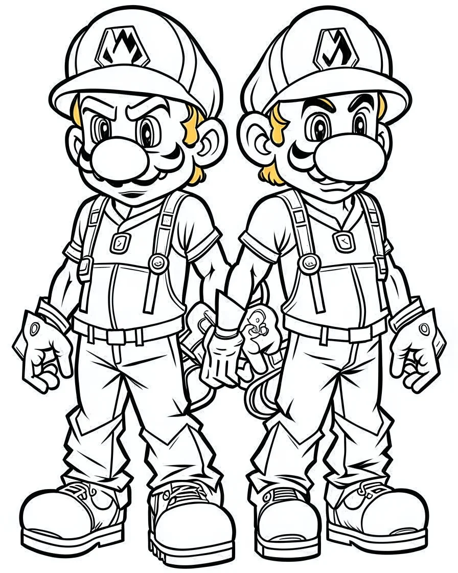 outline art for Waluigi and Mario coloring page, Japanese manga style, cartoon style, cute face, white background sketch style, full body is a must, only use outline, clean line art, no shadow, bold outline