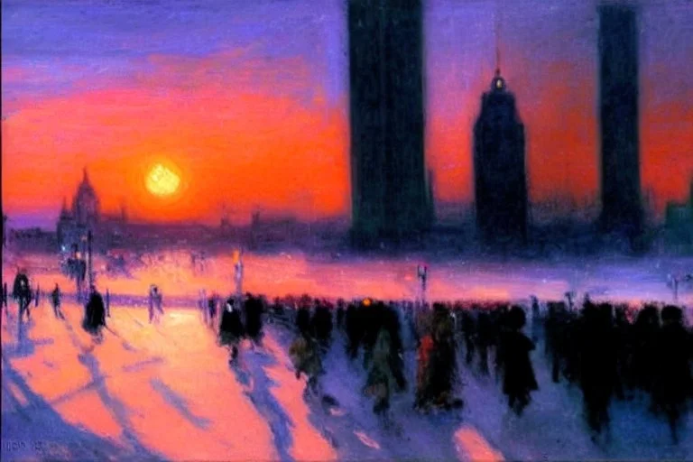 People, sunset, city, city lights, street lights, winter, distant city, philip wilson steer impressionism painting