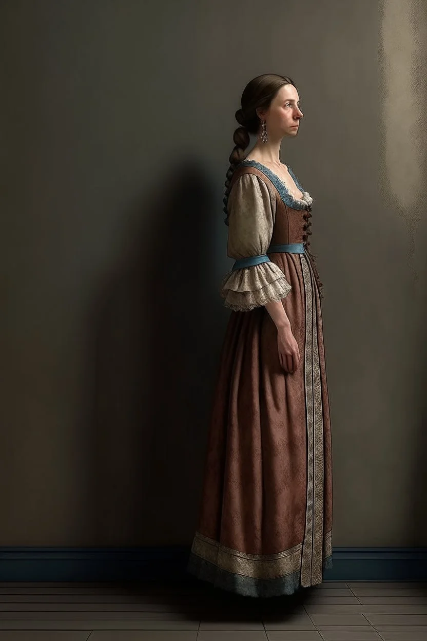 woman with 1700 dress leaning against the wall, realistic style, full figure frontal view